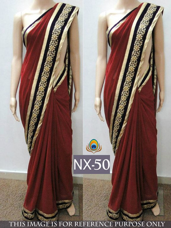 Gorgeous red saree with black embroidered lace