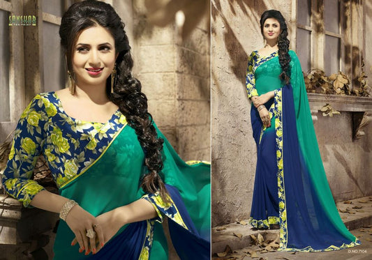 Gorgeous work wear green and blue printed saree