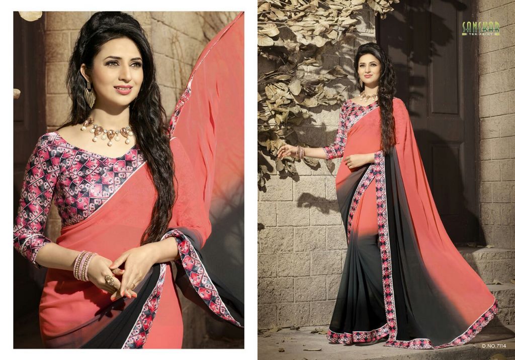 Gorgeous work wear peach and black printed saree