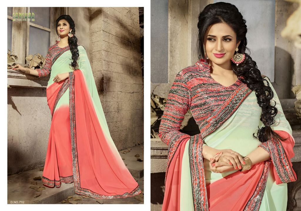 Gorgeous work wear peach and light green printed saree