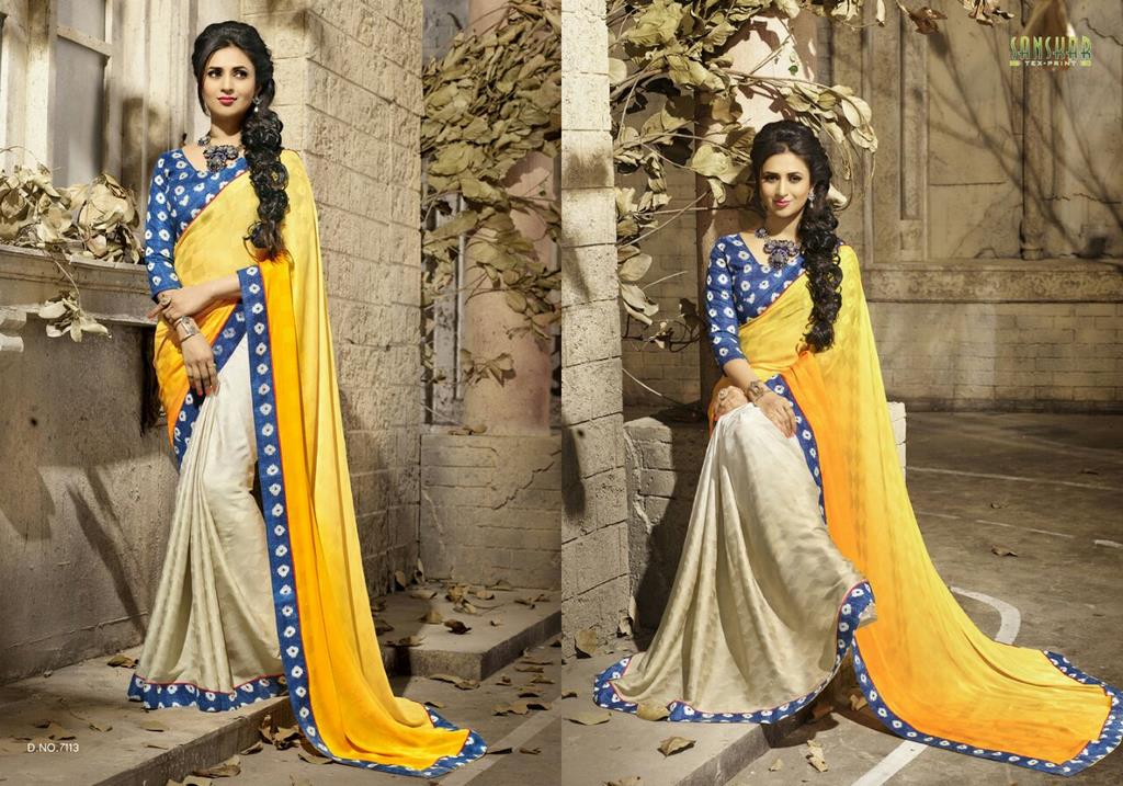 Gorgeous work wear yellow and cream printed saree