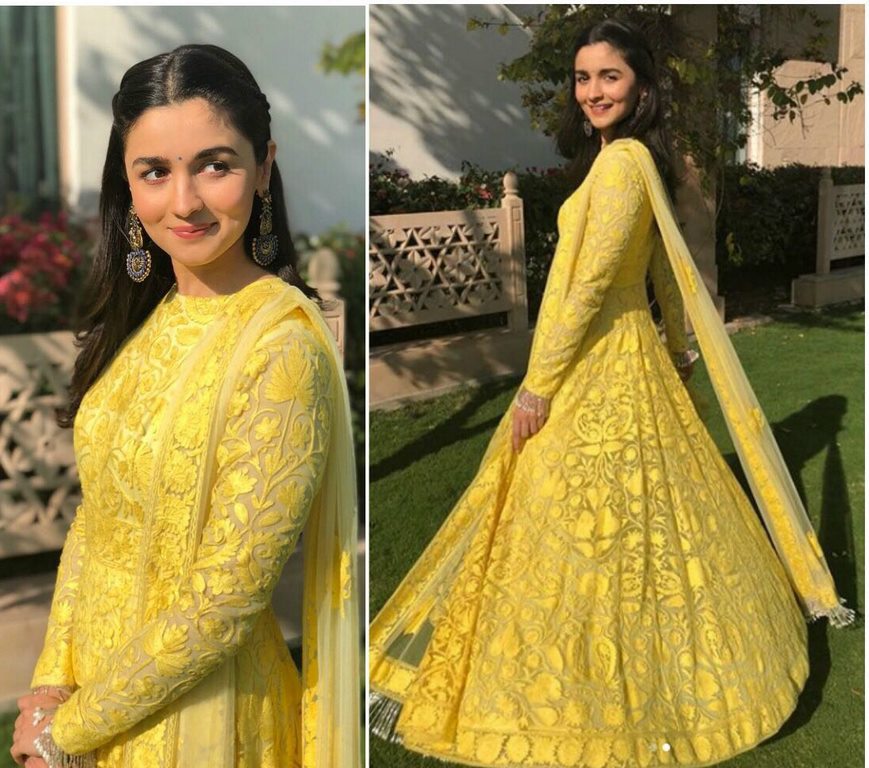 Gorgeous yellow mono net heavy embroidered ceremonial anarkali suit