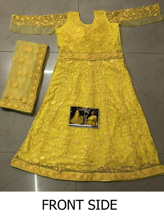 Gorgeous yellow mono net heavy embroidered ceremonial anarkali suit