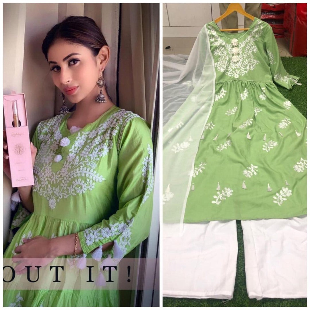 Green american silk embroidered plazzo kurti