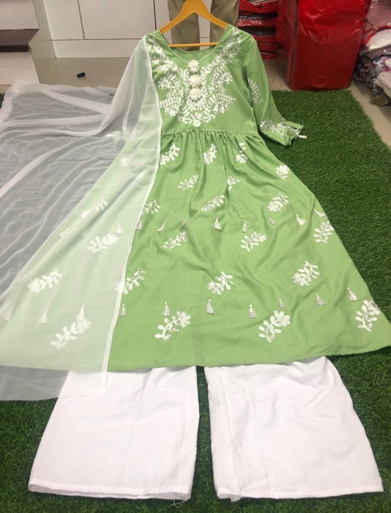 Green american silk embroidered plazzo kurti