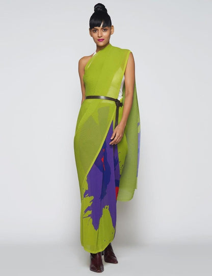 Green and blue georgette printed pleated saree