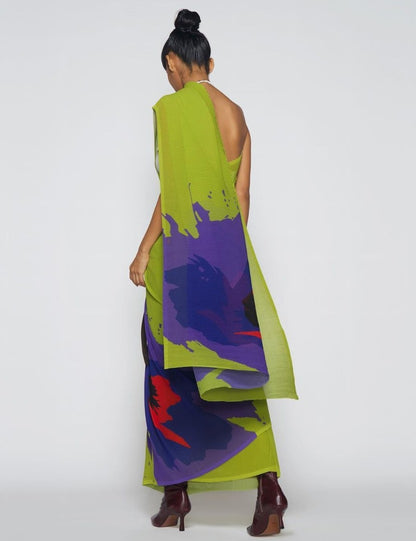 Green and blue georgette printed pleated saree