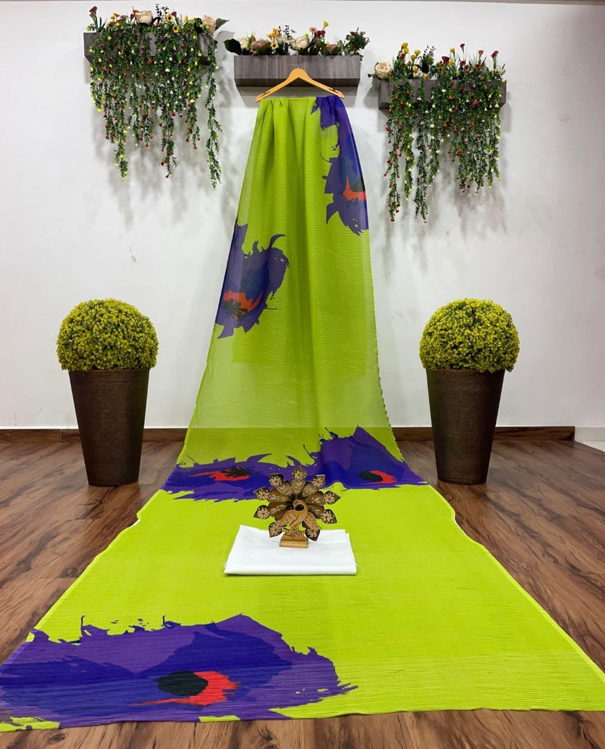 Green and blue georgette printed pleated saree