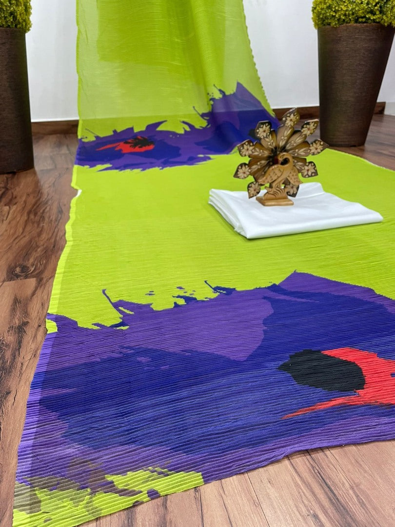 Green and blue georgette printed pleated saree