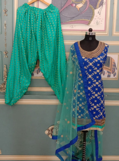 Green and blue poly rayon patiala suit