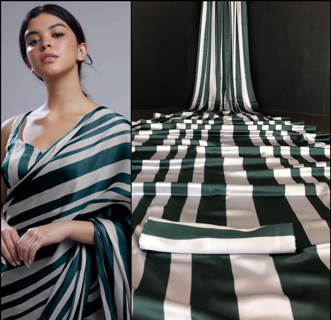 Green and grey stripe printed party wear saree