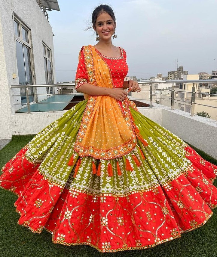 Green and orange butter silk printed and mirror work lehenga choli