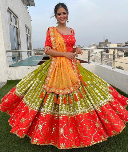 Green and orange butter silk printed and mirror work lehenga choli