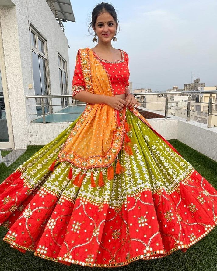 Green and orange butter silk printed and mirror work lehenga choli
