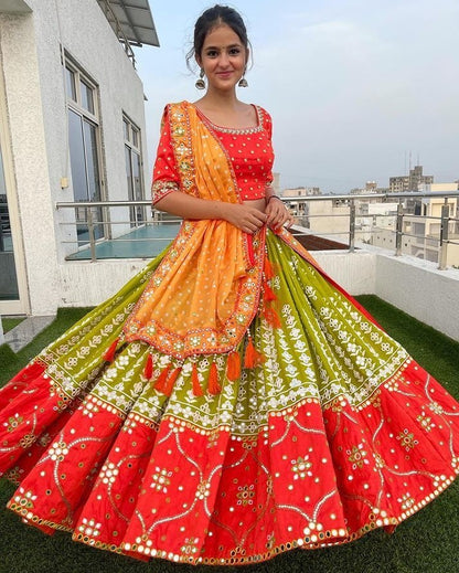 Green and orange butter silk printed and mirror work lehenga choli