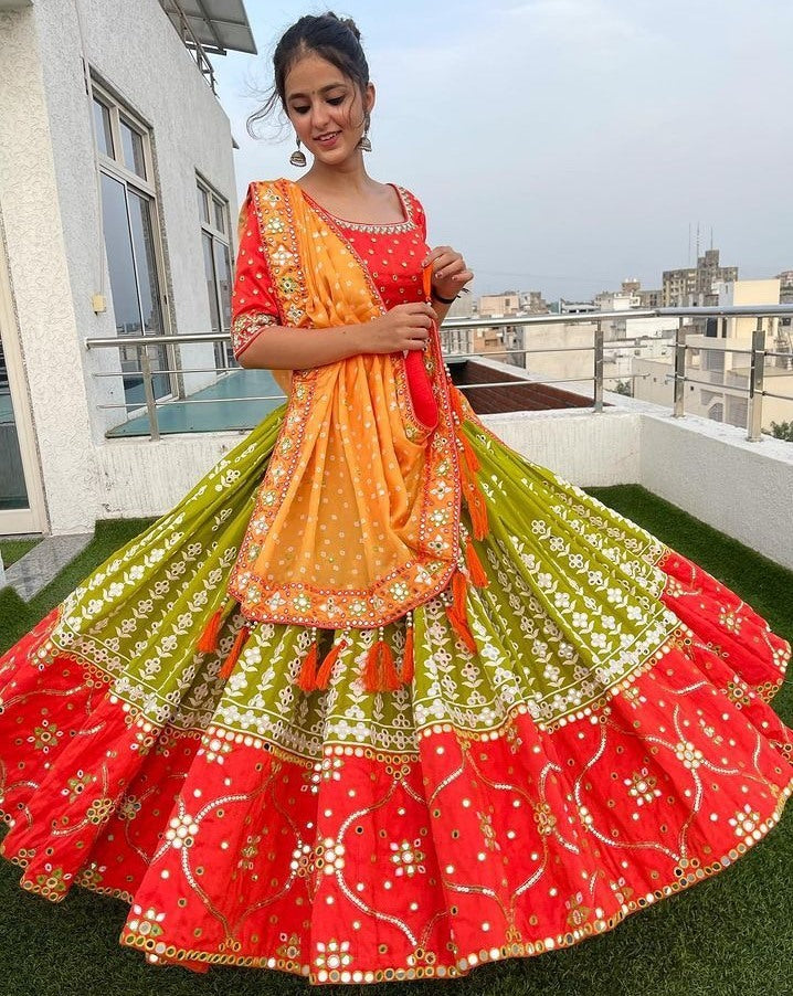 Green and orange butter silk printed and mirror work lehenga choli