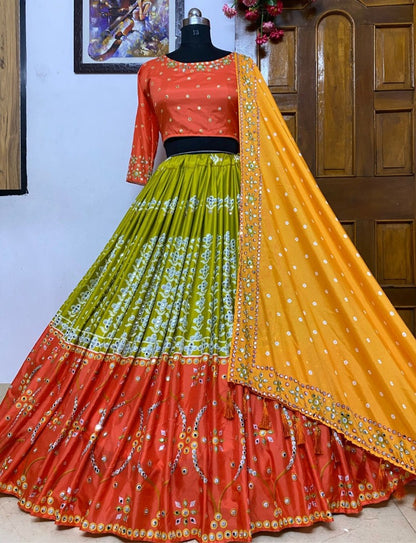 Green and orange butter silk printed and mirror work lehenga choli
