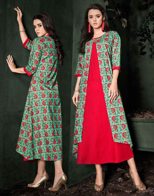 Green & Red Colored Rayon Flower Printed Stitched Calf Length Kurti