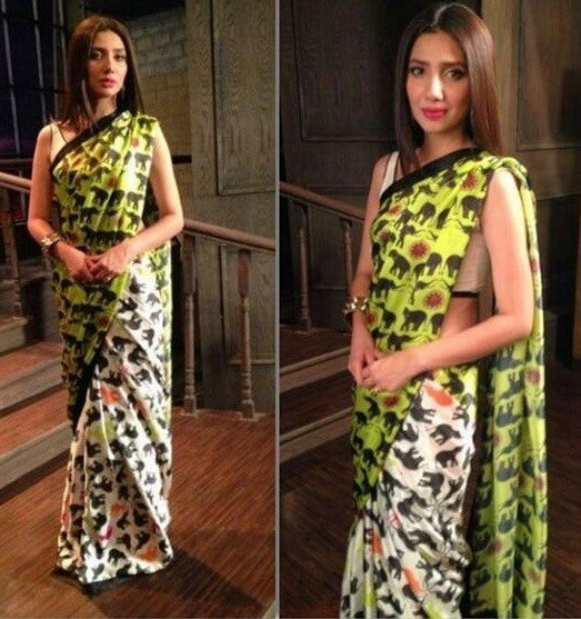 green and white digital printed shamuz silk saree