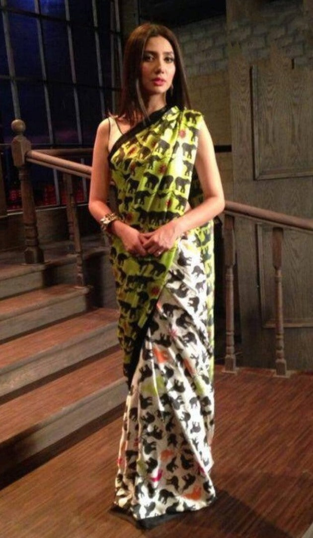 green and white digital printed shamuz silk saree