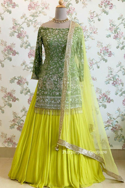 Green and yellow georgette embroidered lehenga suit