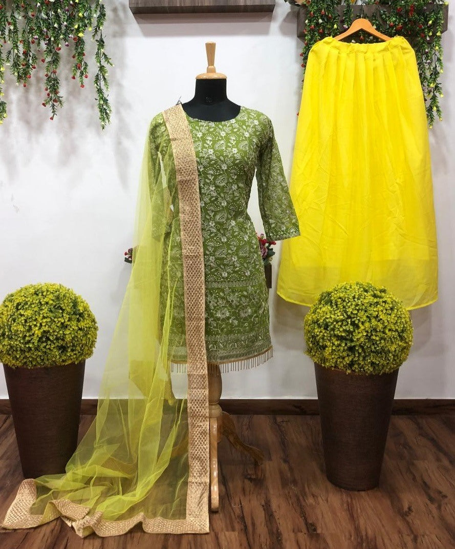 Green and yellow georgette embroidered lehenga suit
