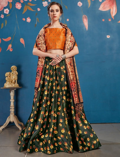 Green art silk digital printed lehenga choli
