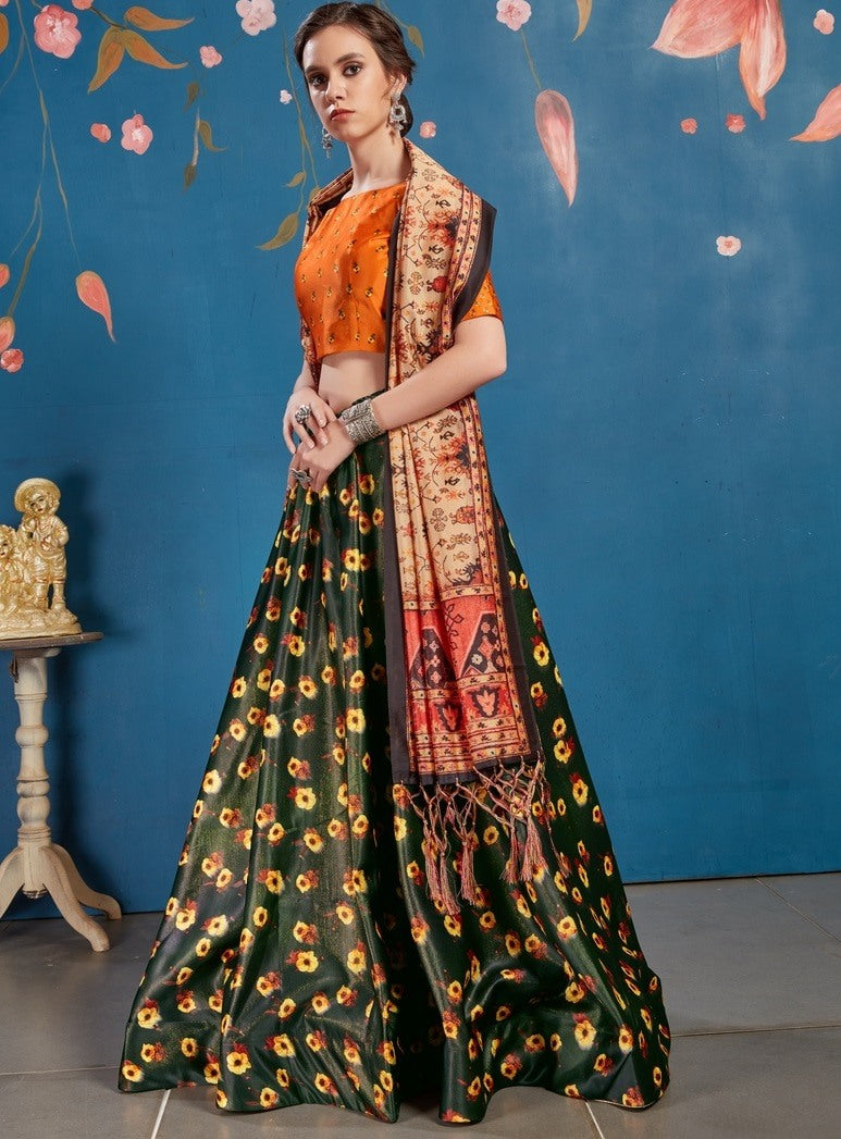 Green art silk digital printed lehenga choli