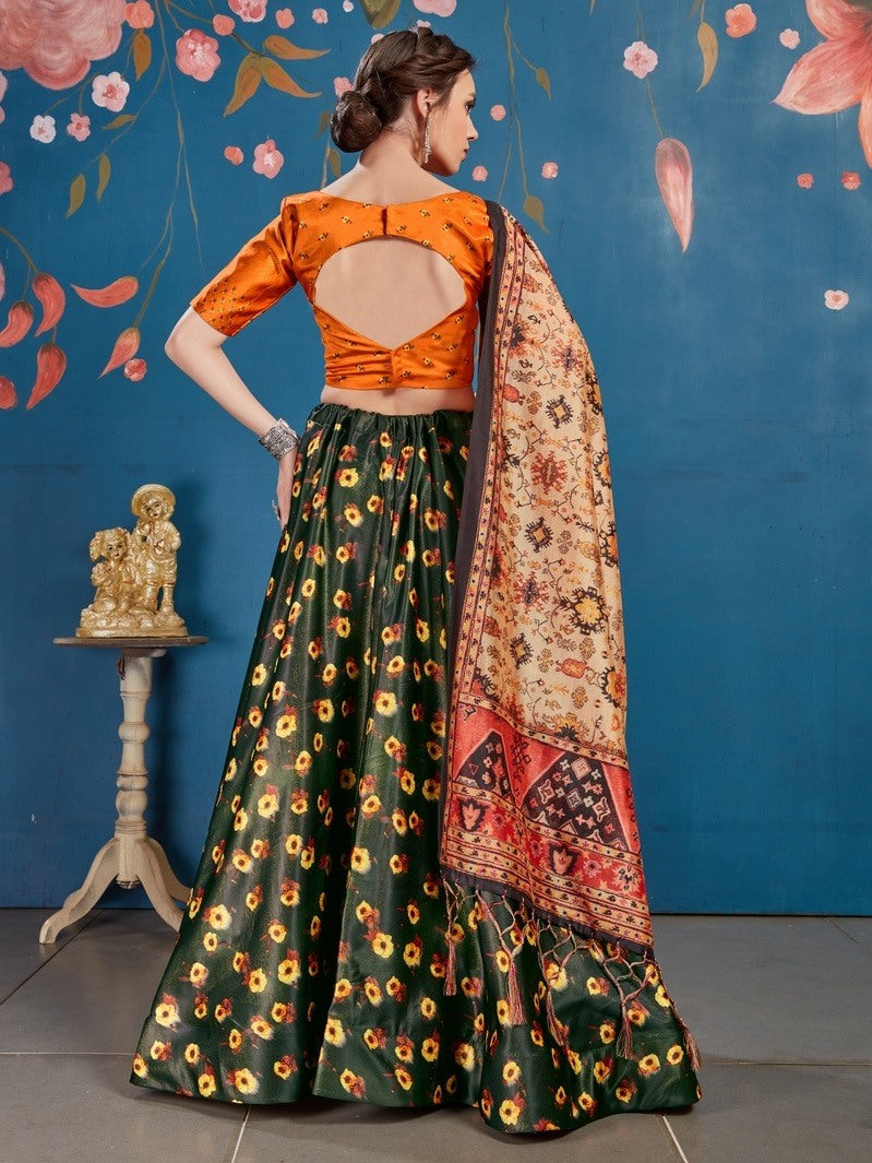 Green art silk digital printed lehenga choli