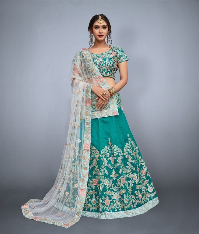 Green art silk embroidered ceremonial lehenga