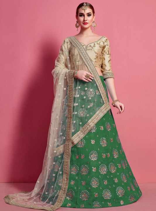 Green art silk embroidered work party wear lehenga choli