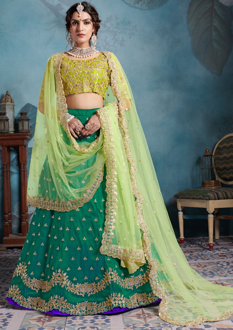 Green art silk heavy embroidered wedding lehenga choli