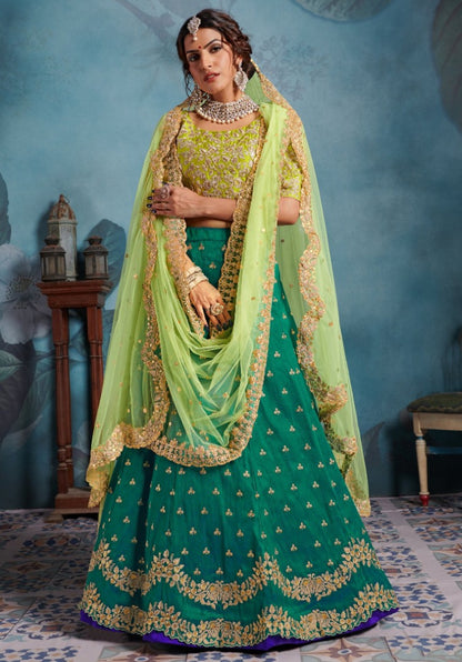 Green art silk heavy embroidered wedding lehenga choli