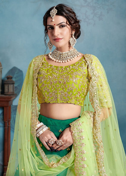 Green art silk heavy embroidered wedding lehenga choli
