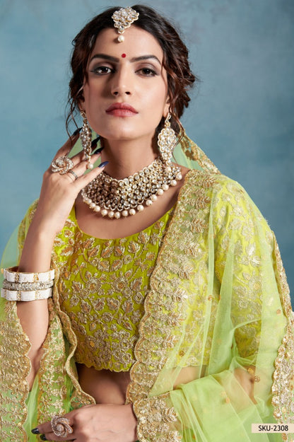 Green art silk heavy embroidered wedding lehenga choli