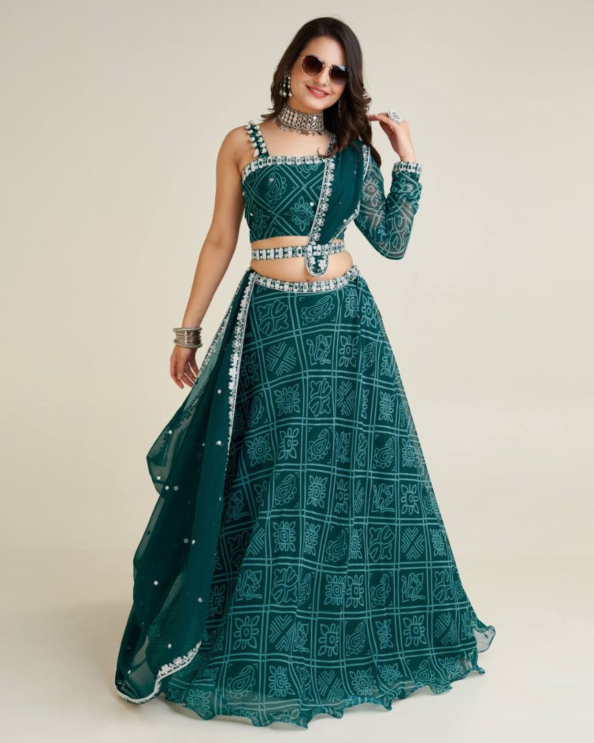 Green bandhni print navratri gujarati lehenga chaniya choli