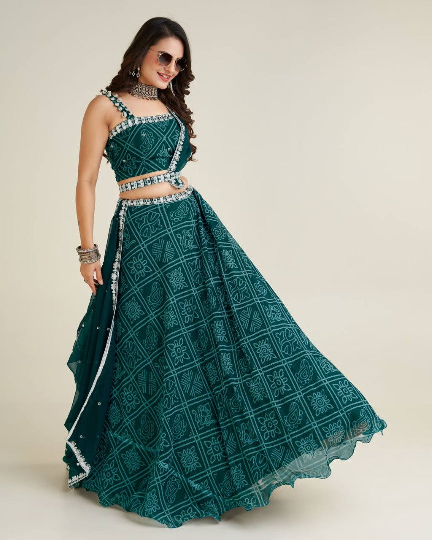 Green bandhni print navratri gujarati lehenga chaniya choli