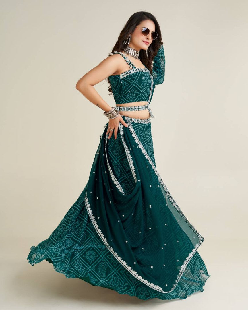Green bandhni print navratri gujarati lehenga chaniya choli