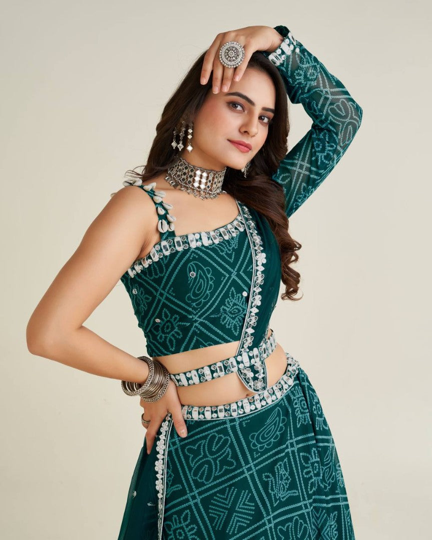 Green bandhni print navratri gujarati lehenga chaniya choli