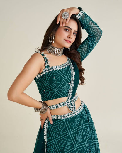 Green bandhni print navratri gujarati lehenga chaniya choli