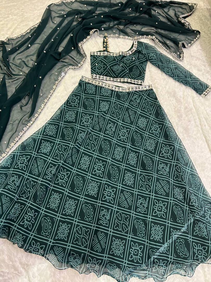 Green bandhni print navratri gujarati lehenga chaniya choli