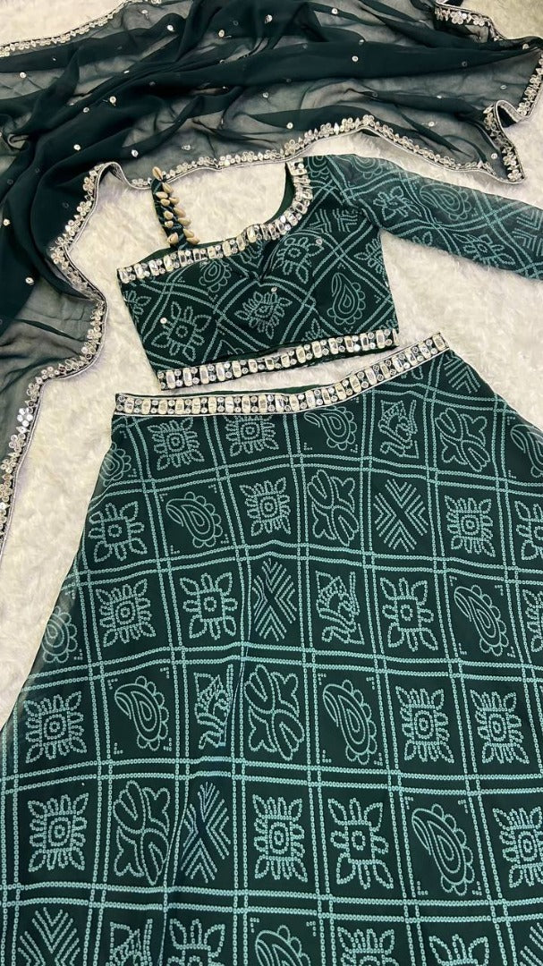 Green bandhni print navratri gujarati lehenga chaniya choli