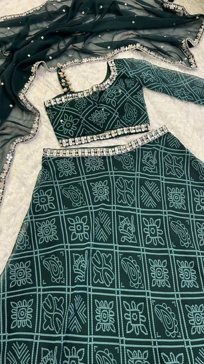 Green bandhni print navratri gujarati lehenga chaniya choli