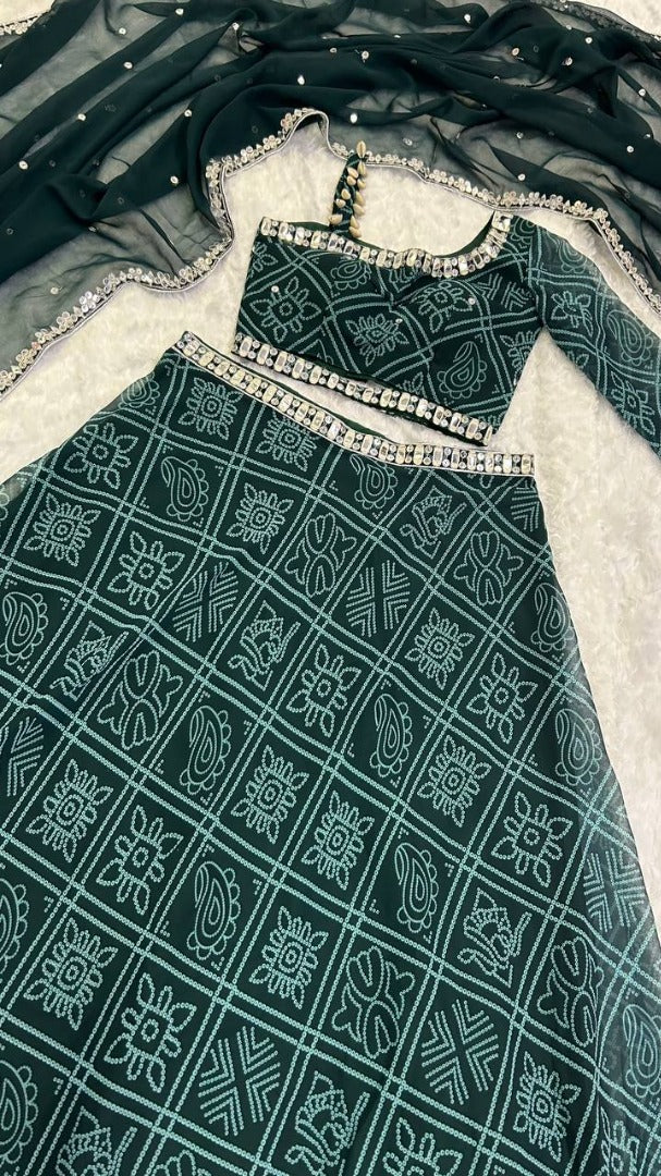 Green bandhni print navratri gujarati lehenga chaniya choli