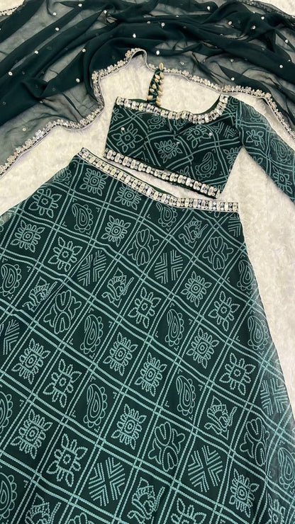 Green bandhni print navratri gujarati lehenga chaniya choli