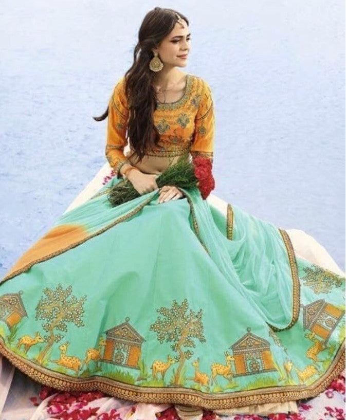 green banglori silk embroidered festival lehenga