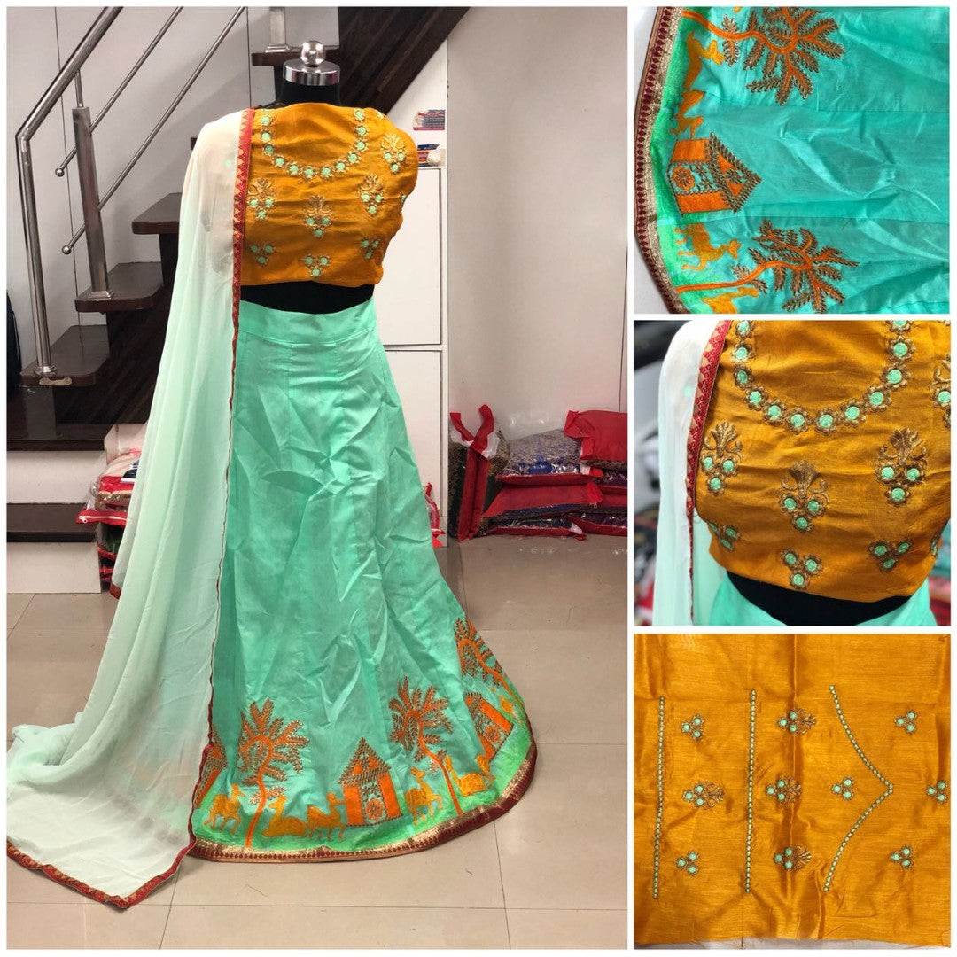 green banglori silk embroidered festival lehenga