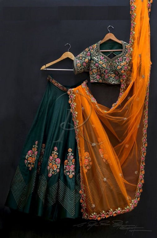 Green banglori silk embroidered wedding lehenga