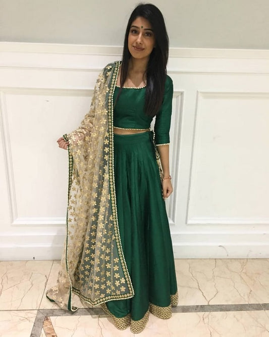 Green banglori silk partywear lehenga choli with heavy dupatta