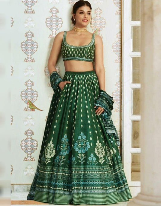 Green banglory satin printed lehenga choli